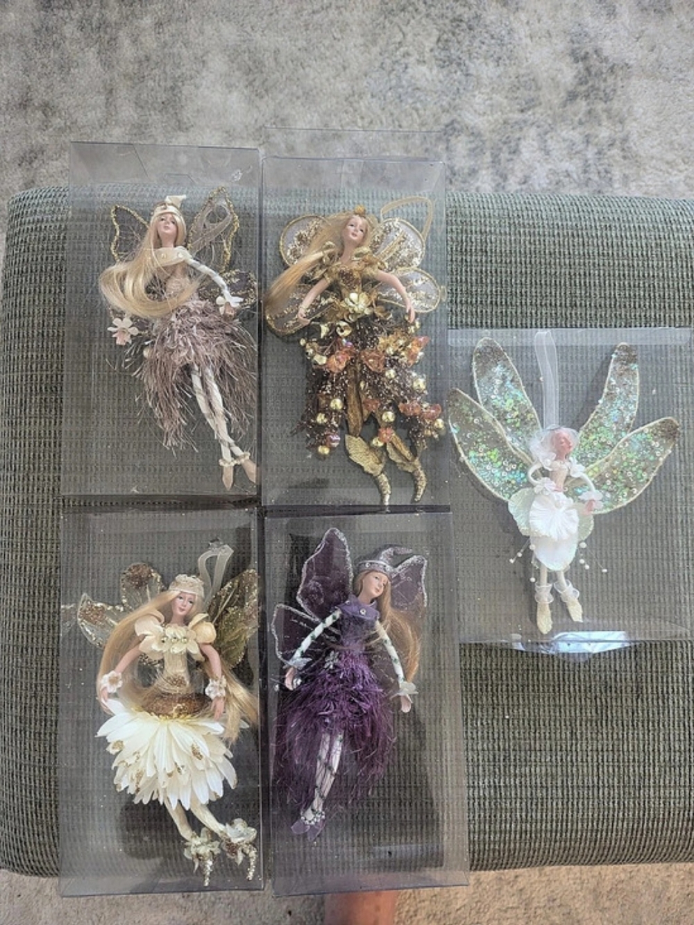 Boxed Fairy Doll Ornaments Set Gold & White And Purple Like New